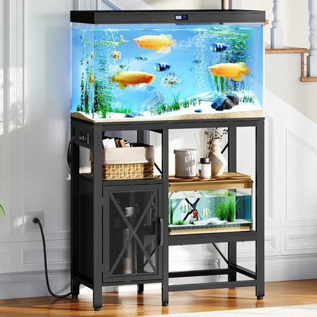 MAHANCRIS 20-40 Gallon Fish Tank Stand, Aquarium Stand with Power Outlet and Storage Cabinet, Heavy Duty Tank Stand Suitable for Turtle Tank, Reptile Terrarium, for Home Office, Black FTHB40E01 MAHANCRIS
