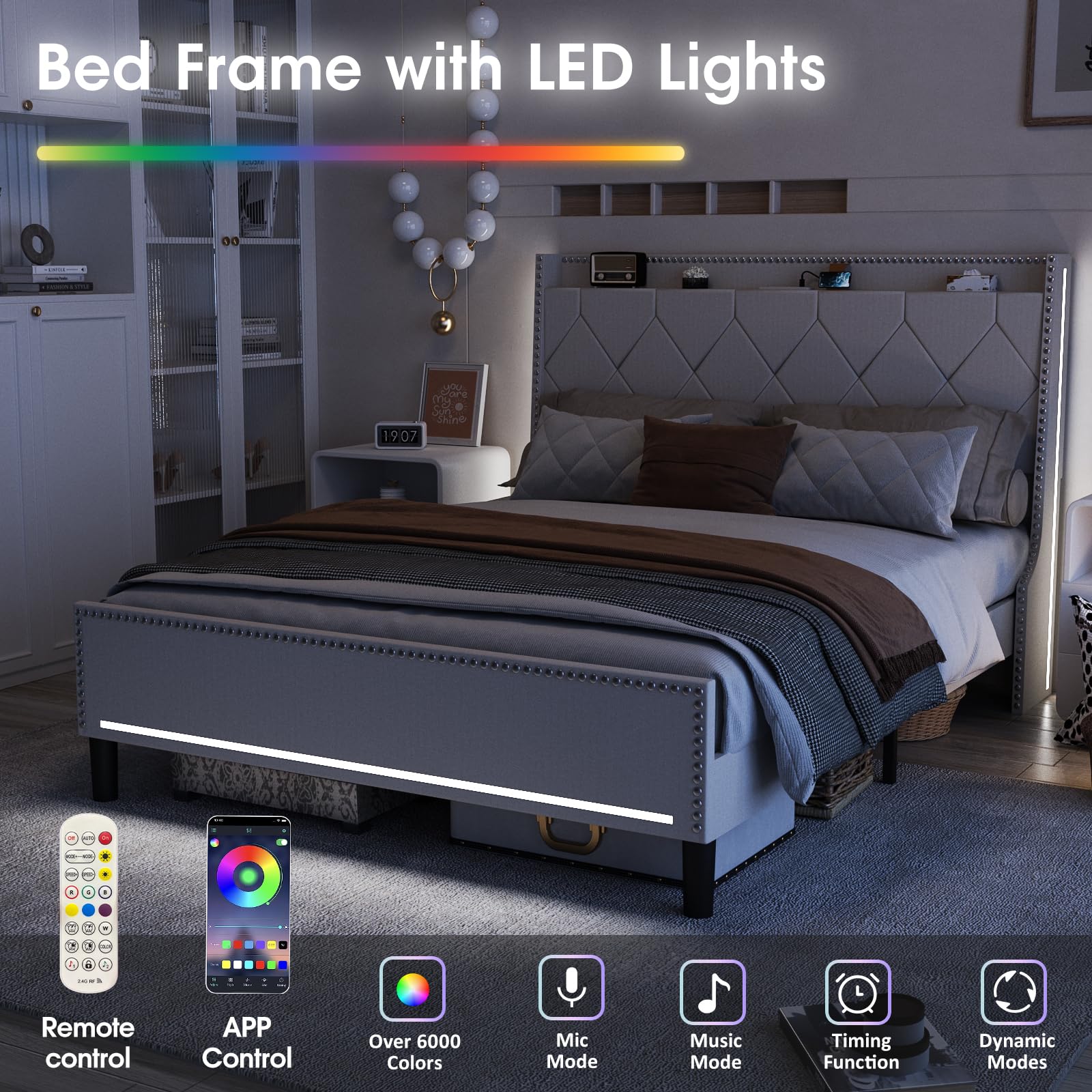 Vabches Off White Full Size Bed Frame with LED Lights and Charging Station - WoodArtSupply