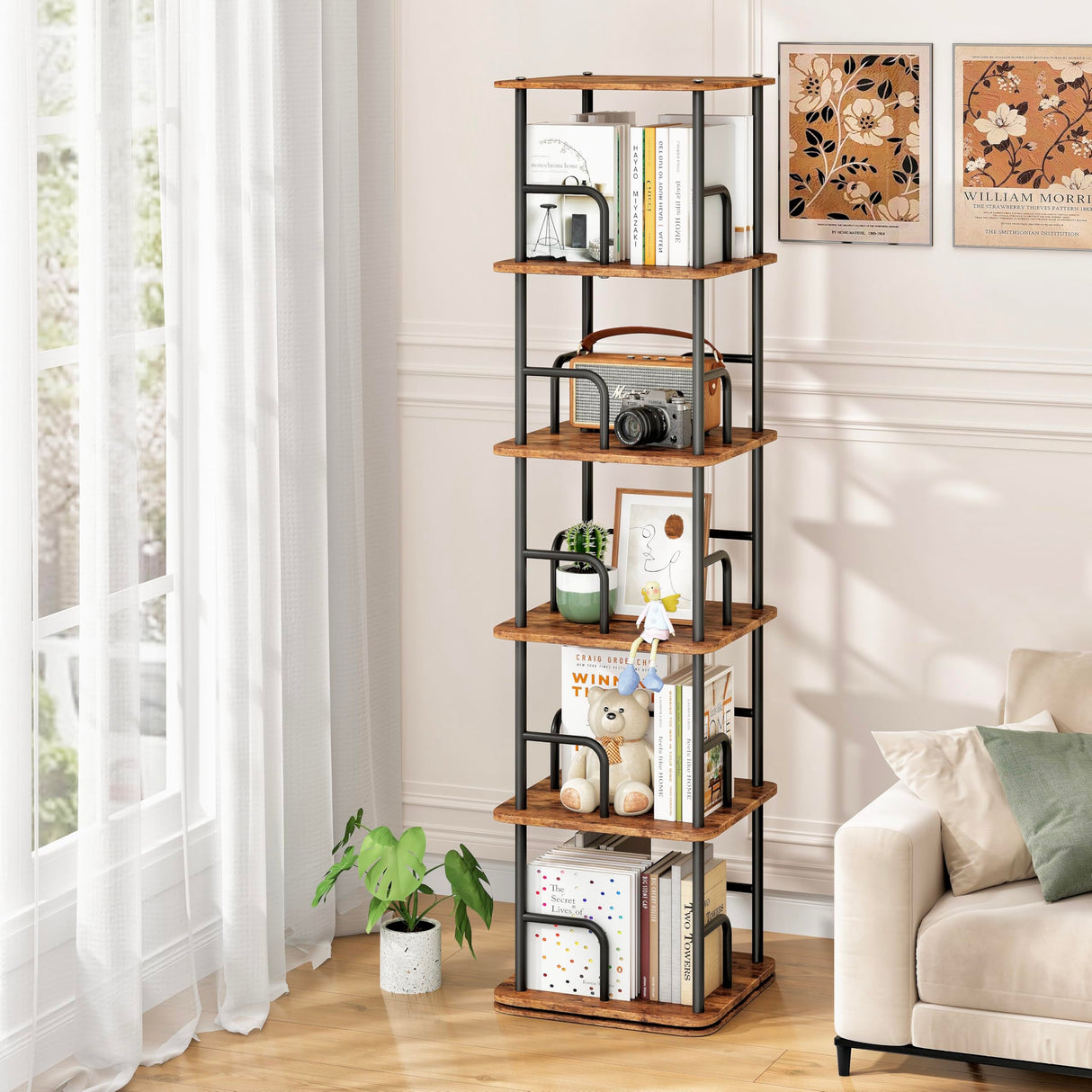Branwick Rotating Bookshelf 5 Tier 360° Accessibility, Revolving Bookcase Spinning Bookshelf Tower, Wood Narrow Space Saving Book Shelf Organizer for Bedroom, Living Room, Study Room Branwick