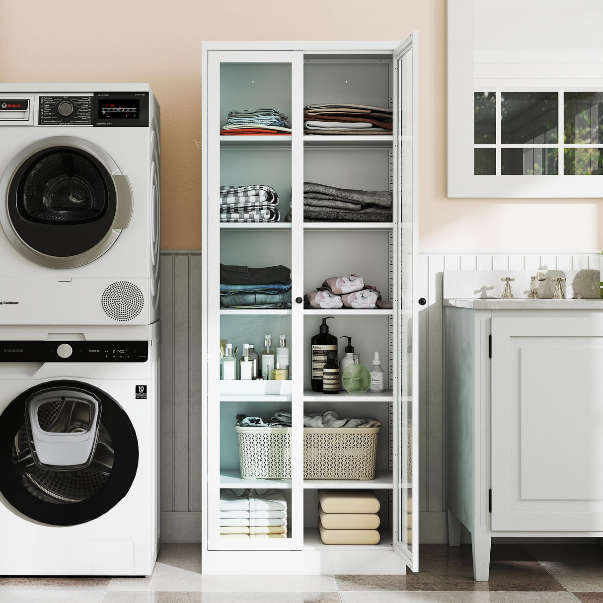 FLIXELIO Display Cabinet with Glass Doors 71" Tall Metal Kitchen Storage Pantry with Adjustable Shelves, Curio Storage Cabinet for Kitchen, Dining Room, Garage, Assembly Required FLIXELIO