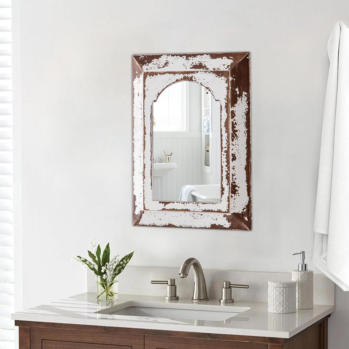 Sintosin Farmhouse Arched Mirrors for Wall Decor Living Room 16 X 12 Inch, Hanging Distressed Rectangular Carved Wood Frame Entryway Mirror, Handmade Antique Bathroom Mirrors for Over Sink Sintosin
