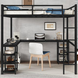 Full Size Loft Bed with Desk and Storage Shelves, Heavy Duty Metal Loft Bed with Black Desk and Guardrail, Full Size Loft Bed for Kids, Teens(Full Black Desk) Bellemave