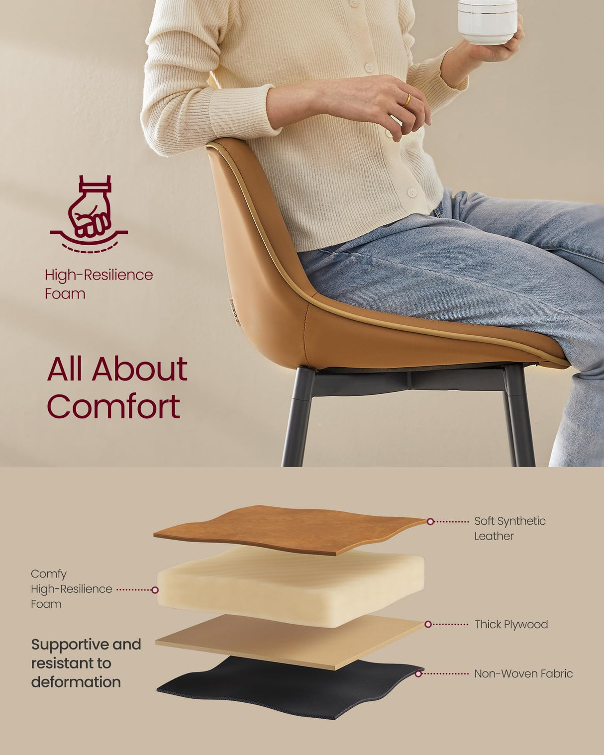 VASAGLE Bar Stools Set of 2, Bar Height Bar Stools with Back, Ergonomic Backrest, Synthetic Leather, Metal Legs, 28.7-Inch Tall Stools for Kitchen Island Home Bar, Caramel Brown ULBC888K01 VASAGLE