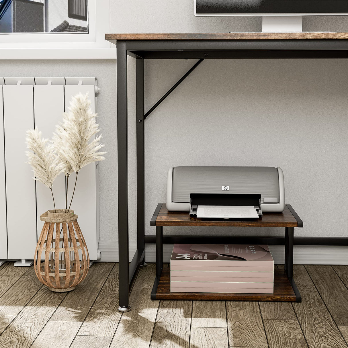 XBurmo Printer Stand with 2 Tier Wood Shelves Desktop Organizer for Small Space Fax Machine Shelf Stand Books Trays Under Desk Shelf with Adjustable Anti-Skid Feet Vintage Brown XBurmo