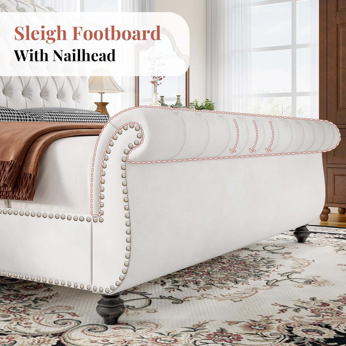 Jocisland King Size Bed Frame, Velvet Upholstered Platform Sleigh Bed with Scroll Headboard & Footboard, Button Tufted, No Box Spring Needed, White Jocisland