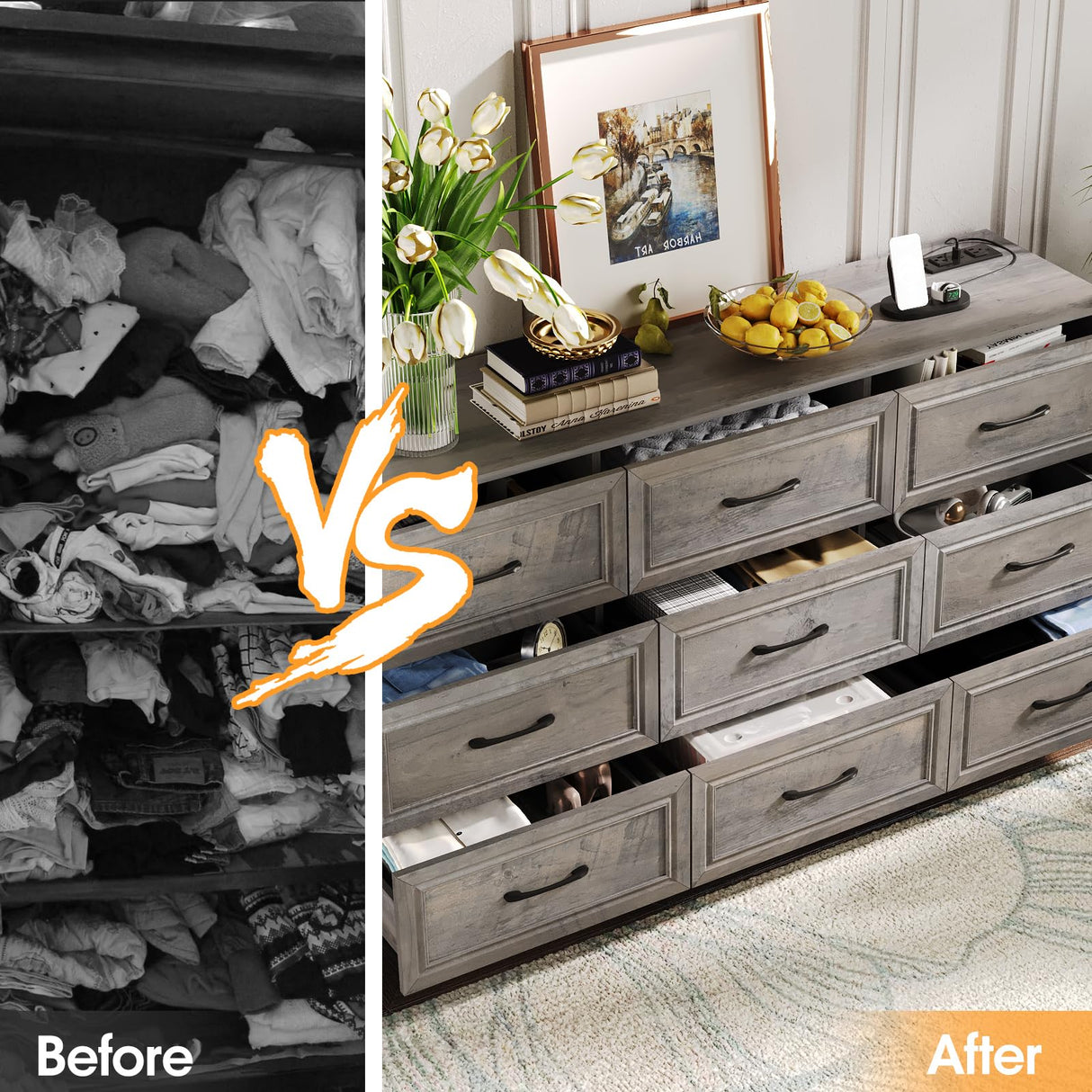 Fameill Dresser for Bedroom, 9 Drawer Wide Dresser Organizer with Charging Station, Tall Dresser for Hallway, Wood Dresser with Metal Handles, Ash Grey Fameill