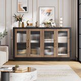 FOTOSOK Buffet Cabinet with Storage, 55.1" Large Sideboard Buffet Cabinet, Modern Sideboard Kitchen Cabinet with 4 Fluted Glass Doors, Wood Coffee Bar Cabinet Buffet Table for Kitchen, Black/Brown FOTOSOK