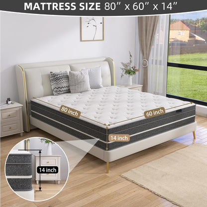 Hohamn Queen Size Mattress, 14 Inch Hybrid Mattress in a Box, Queen Mattress Foam and Individually Wrapped Pocket Coils, Soft and Breathable, Pressure Relief, Strong Edge Support, Medium Firm