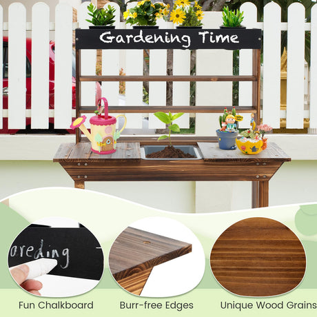 HONEY JOY Kids Potting Bench Table, Fir Wood Garden Potting Benches for Outside, Removable Sink, 4 Flower Pots, Chalkboard, Children Planting Table Work Bench, Mud Kitchen for Kids Outdoor Backyard HONEY JOY