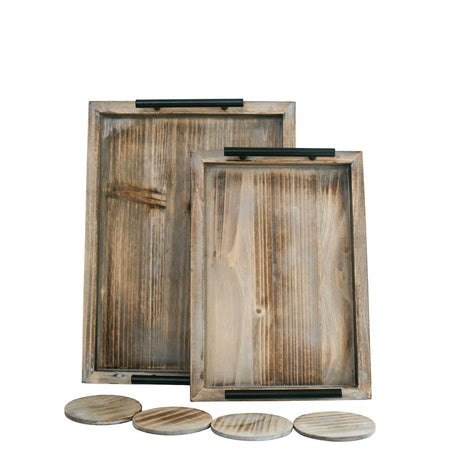 Decorative Ottoman Serving Tray Wooden Rustic (Set of 2), Rustic Brown | Black Sleek Metal Handles | 4 Matching Coasters | Coffee Table Decor | Serving Kitchen Platter | for All Occasions Summit Living