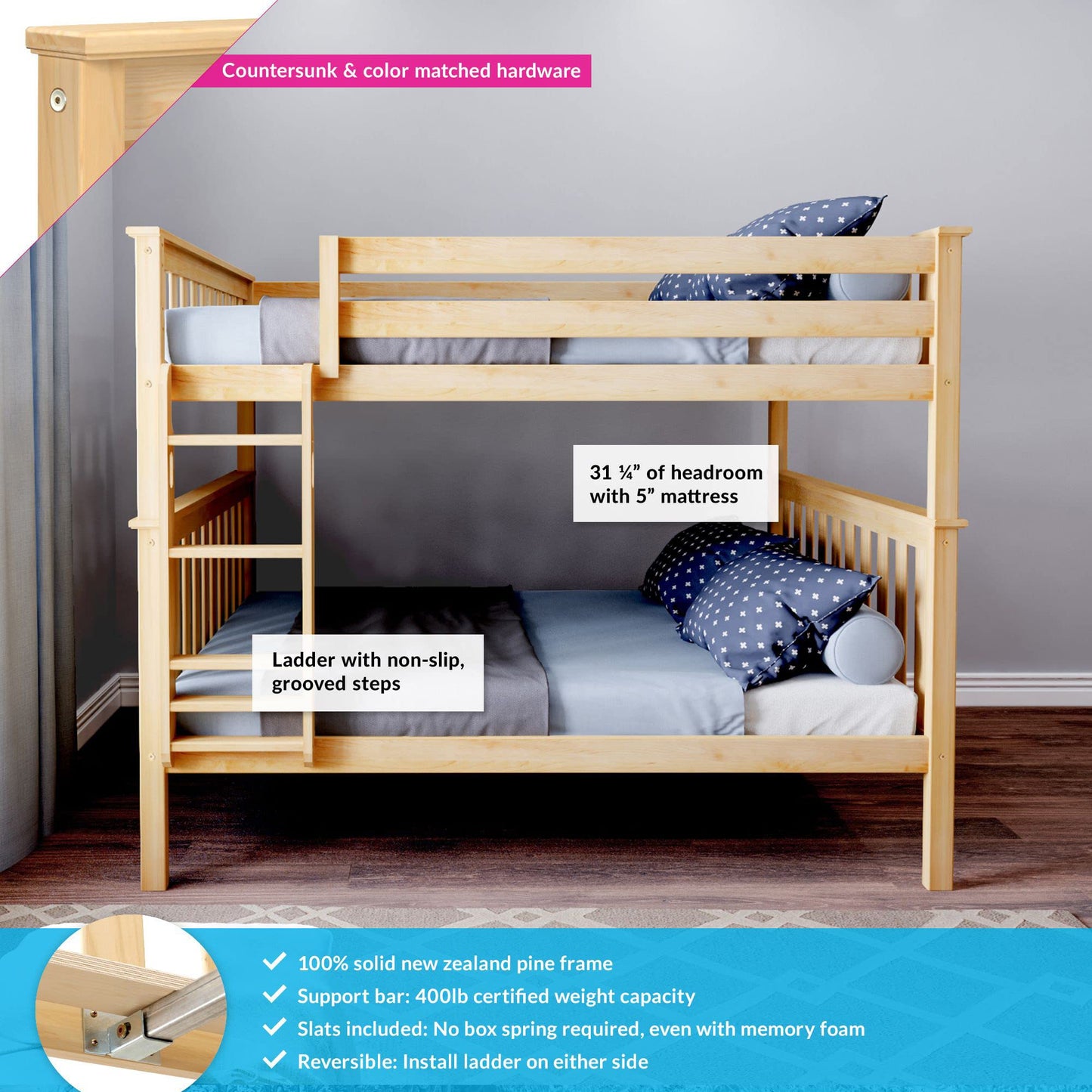 Max & Lily Natural Full Over Full Bunk Bed with Reversible Ladder and Safety Guardrails - WoodArtSupply