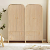 LEVNARY Arched Armoire Wardrobe Closet, Mid-Century Modern 2-Door Freestanding Wardrobe with Hanging Rod and 2 Drawers, Fluted Carved Clothing Storage Cabinet for Bedroom (Natural) LEVNARY