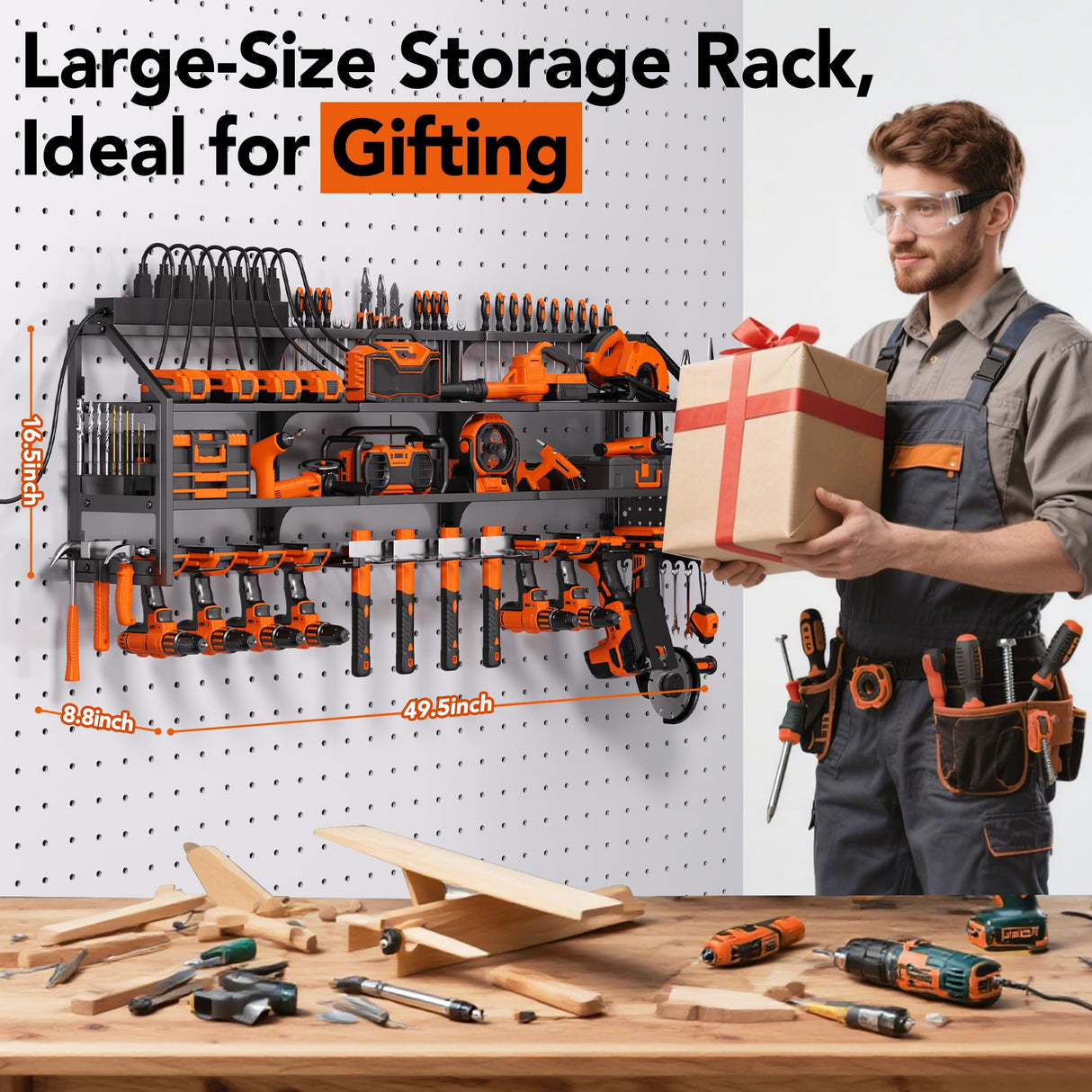 YFFSRJDJ Extra Large Power Tool Organizer Wall Mount with Charging Station, 12 Drill Holders Heavy Duty with 8-Outlet Power Strip, Garage Cordless Drill Storage and Organization, Battery Utility Rack YFFSRJDJ