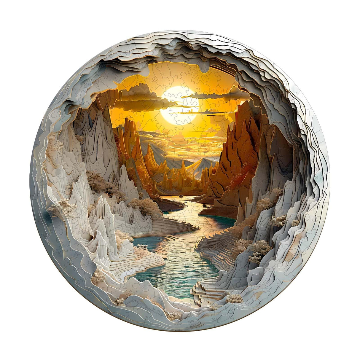 Wooden Puzzles for Adults, 3D Vision Effects Inside The Cave Wooden Jigsaw Puzzles for Adults, Unique Shape, Mountain Rivulet Sunset Landscape Wood Puzzles Adult, Home Decor (S-8.5 * 8.5in-100 pcs) Pijesaksa