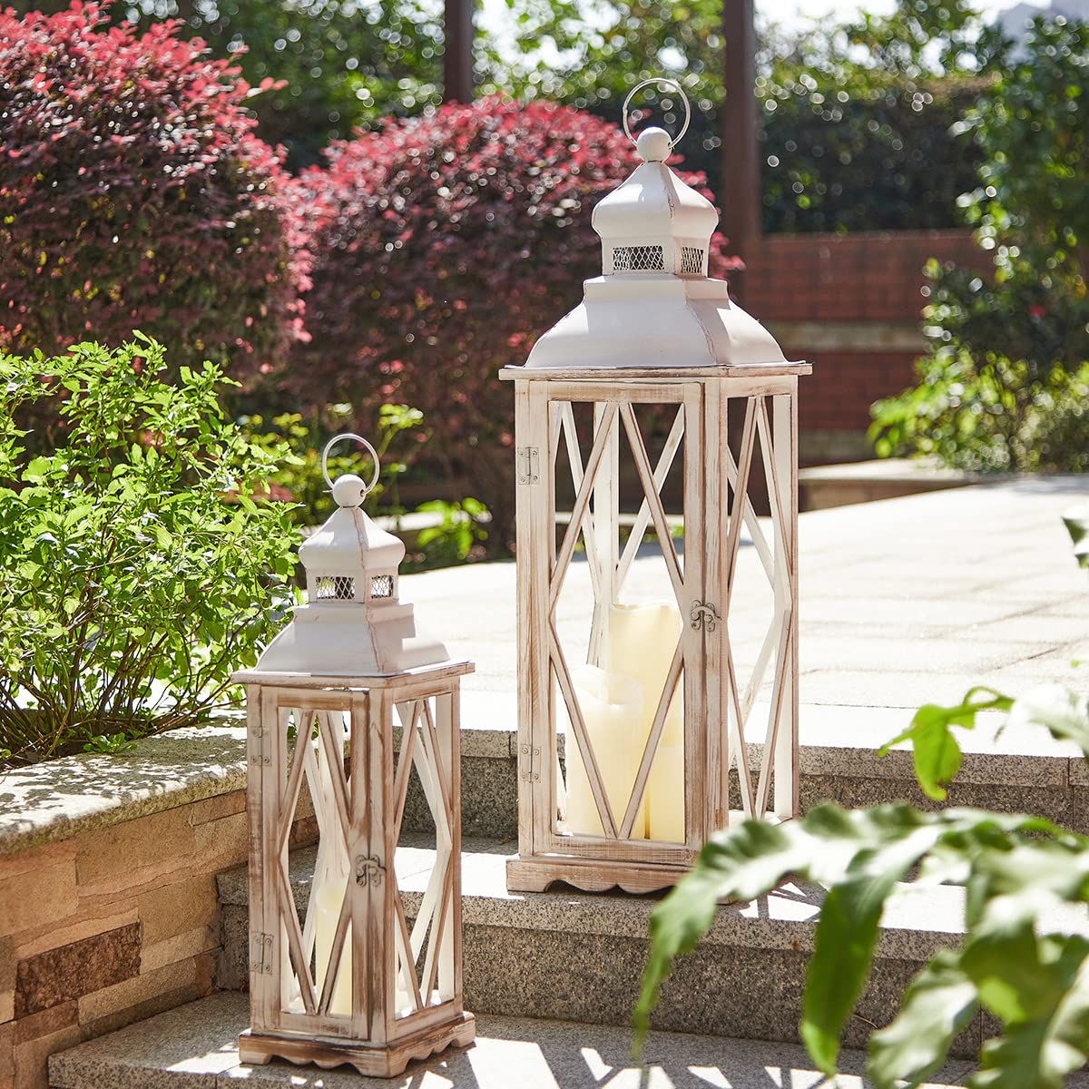 Glitzhome Farmhouse White Wood Metal Lanterns Decorative Hanging Candle Lanterns Set of 2 Glitzhome