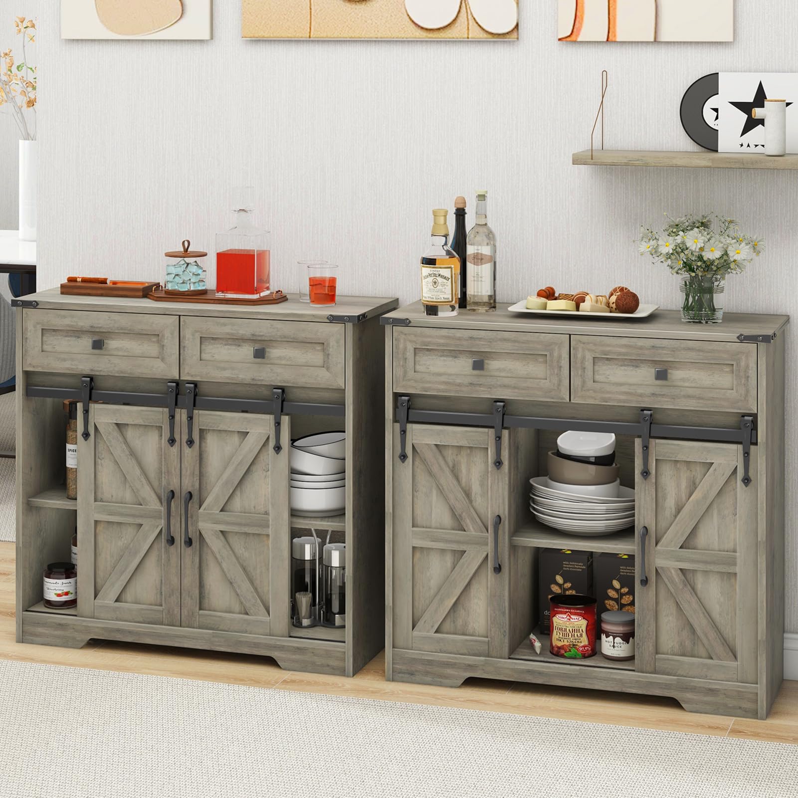 Vabches Farmhouse Storage Cabinet with Sliding Barn Doors and Drawers, Grey Freestanding Kitchen Pantry Cabinet, Floor Storage Cabinet for Bathroom, Living Room, Adjustable Shelves, Ample Spa - WoodArtSupply