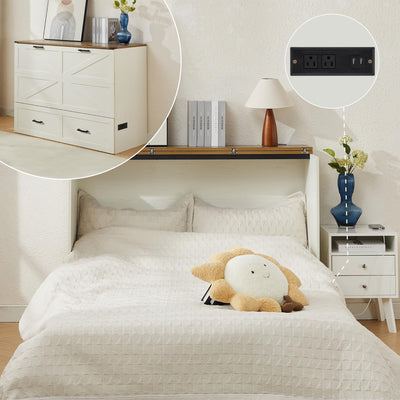 Tltaroni Queen Murphy Bed with Charging Station Large Storage Drawer, Farmhouse Wood Space Saving Hidden Foldable Cabinet Bed for Bedroom Office School, Rustic White