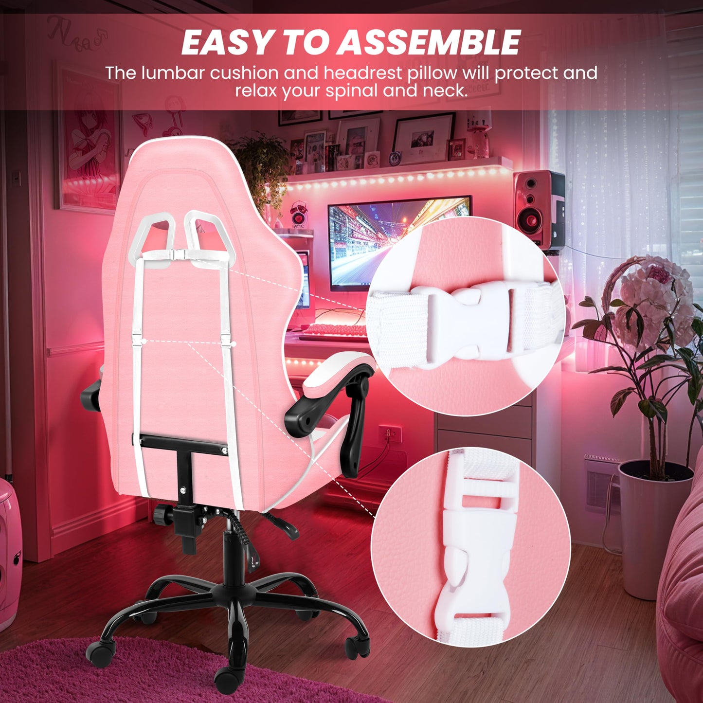 YSSOA Gaming Chair, Computer Chair with Footrest, Height Adjustable & 90°-135° Tilt Function, Swivel Recliner Ergonomic Racing Style Video Game Chair with Lumbar Support (Pink/White)