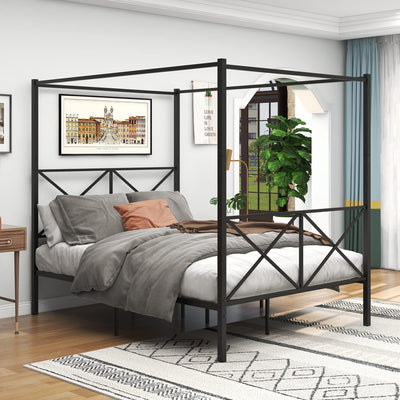 Queen Canopy Bed Frame, Metal Canopy Beds with 4 Poster Design and Geometric Accented Headboard and Footboard, No Box Spring Needed, Underbed Storage Space