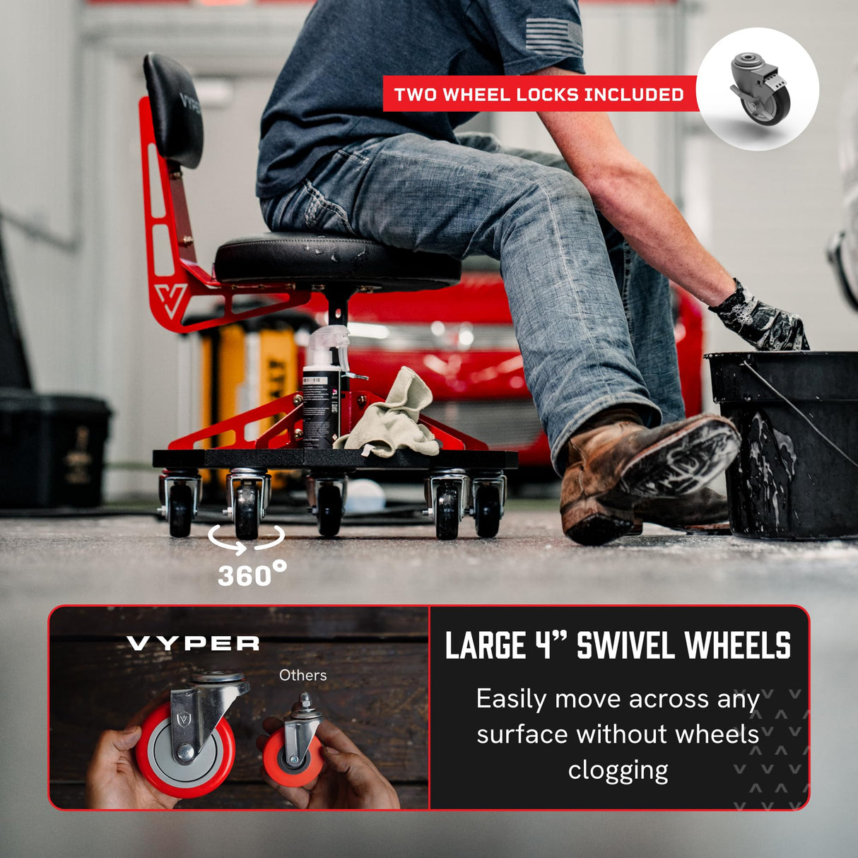 Vyper Robust Steel Sport Shop Chair for Mechanics, Automotive, DIY - 300 lb Capacity Garage Stool with Backrest and Large Wheels, Shop Stool (Black Seat, Blue Frame) Vyper Industrial