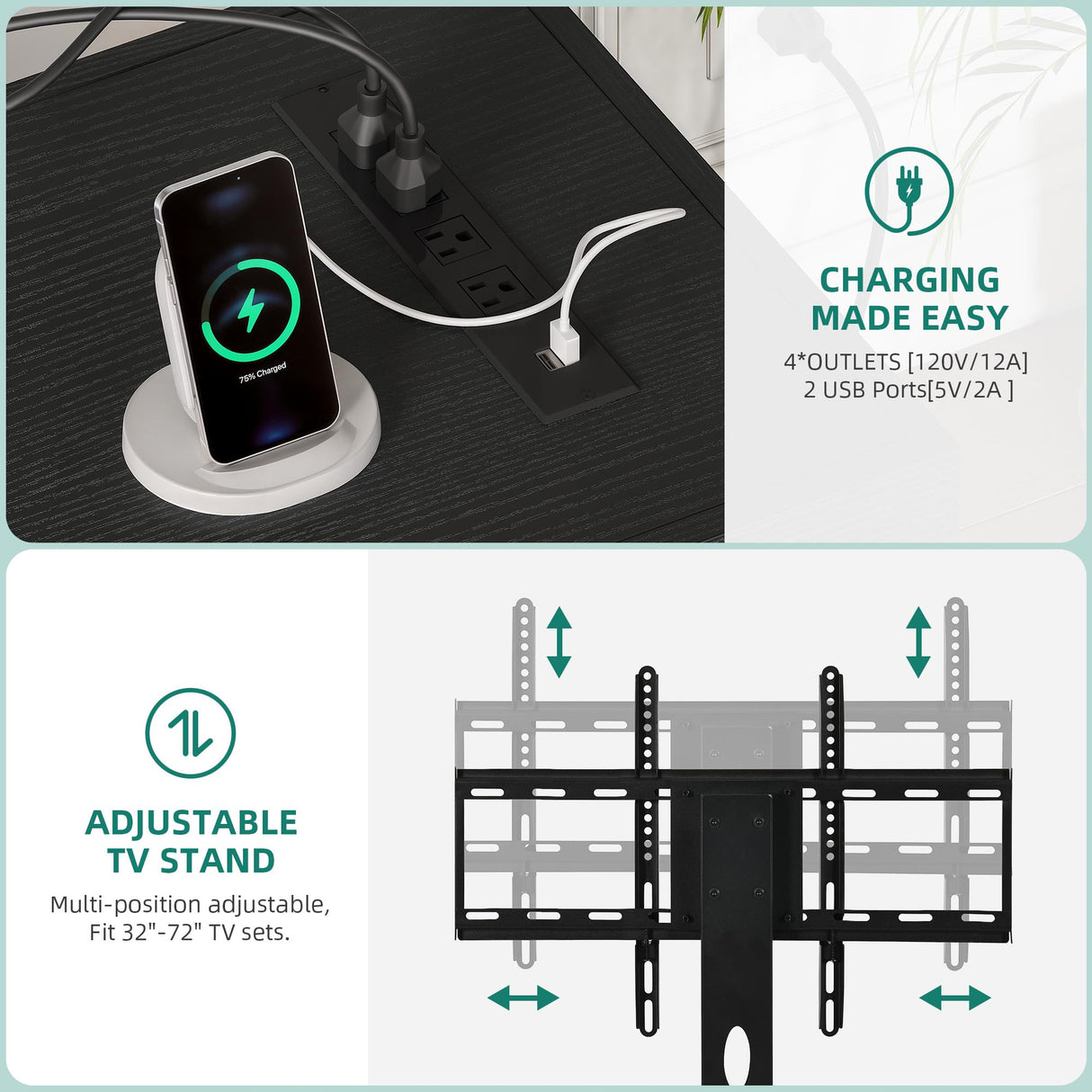 YITAHOME Black TV Stand for Living Room with Height Adjustable Mount, Entertainment Center for 70/65 Inch TVs w/LED Lighting, 4 Power Outlets & USB Ports, Modern Media Console with Storage Shelves YITAHOME