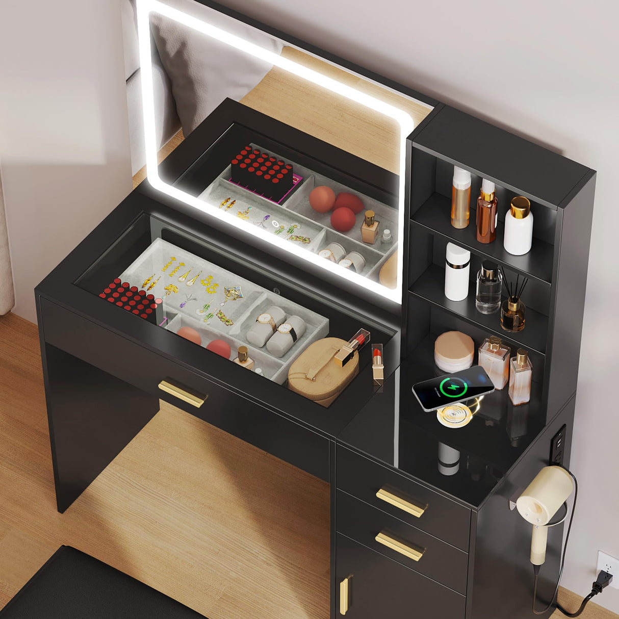 YITAHOME Vanity Desk Set, with Wireless Charging Station &Power Outlet, Vanity Mirror with Tempered Glass Top & Large Storage Spaces Vanity Table Set, Black YITAHOME