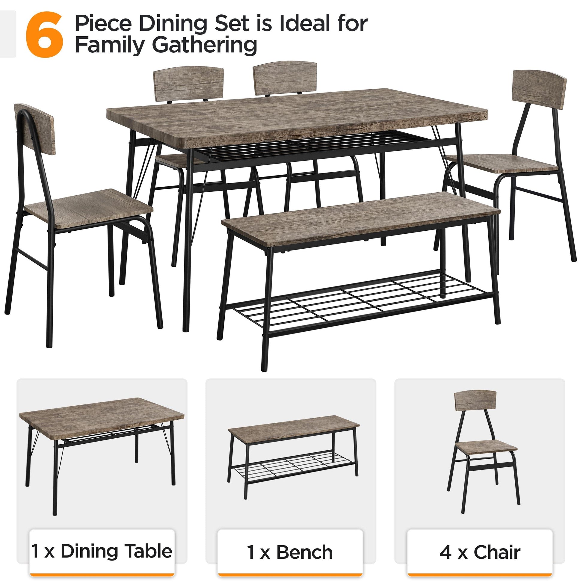 Yaheetech Dining Table Set for 6 Kitchen Table Set with Chairs and Bench 6 Piece Dining Set with 2 Storage Racks, Protective Foot Pads for Dining Room, Kitchen and Apartment, Drift Brown - WoodArtSupply