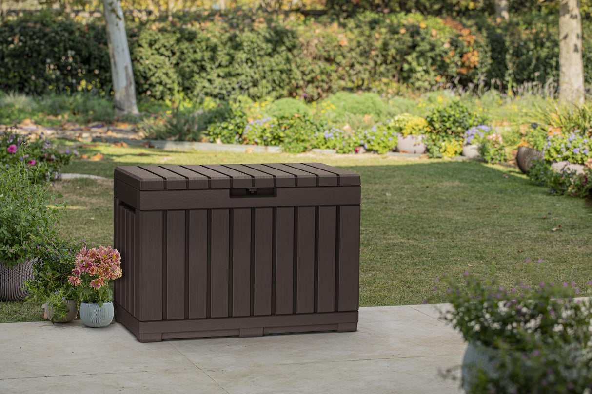Keter Kentwood 50 Gallon Resin Deck Box-Organization and Storage for Patio Cushions, Throw Pillows and Garden Tools, Brown Keter