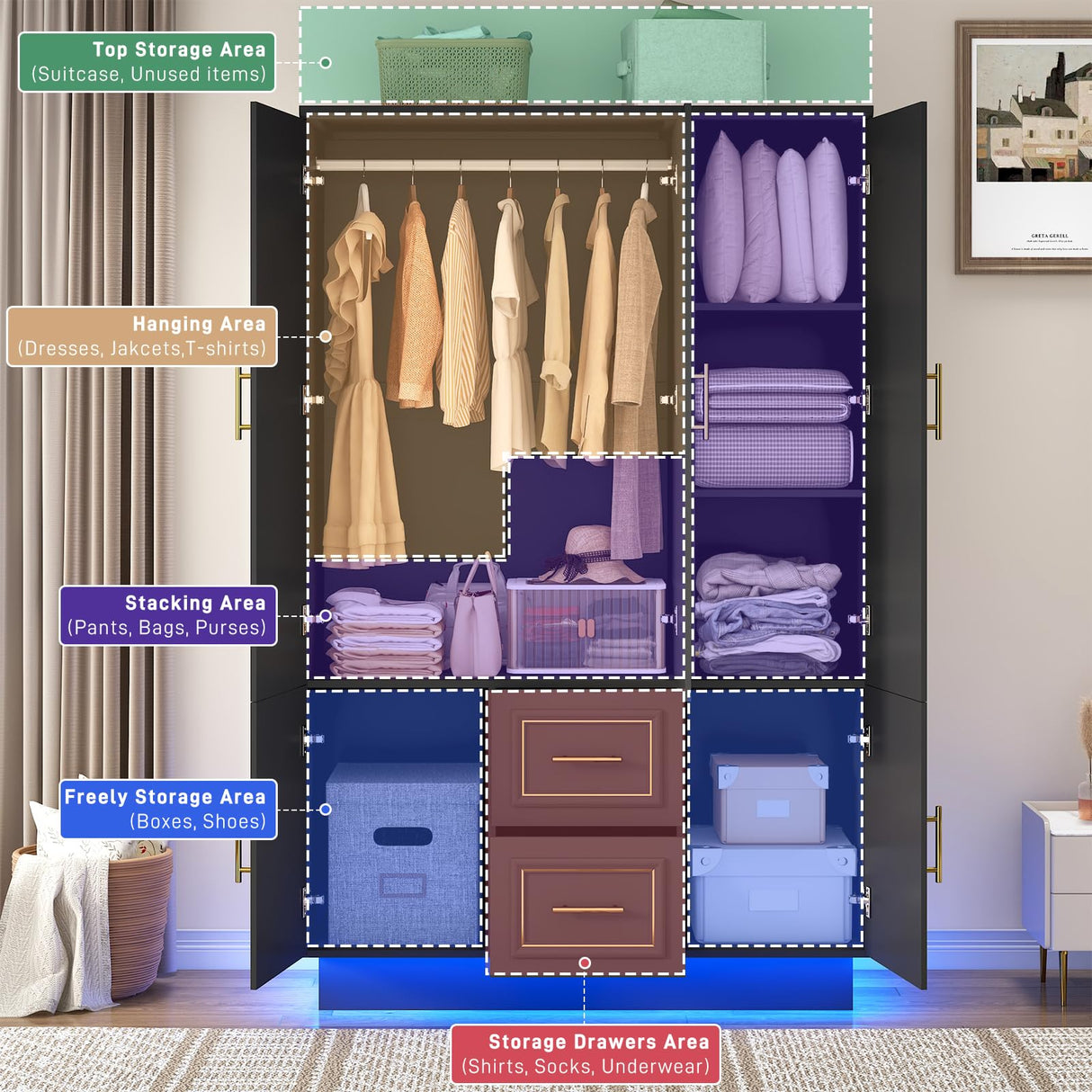 Hlivelood 75” Tall 3 Doors Armoire Wardrobe Closet with 2 Drawers and LED Lights, Modern Closet Wardrobe Cabinet with Shelves and Hanging Rod, Freestanding Wooden Armoire for Bedroom, Black Hlivelood