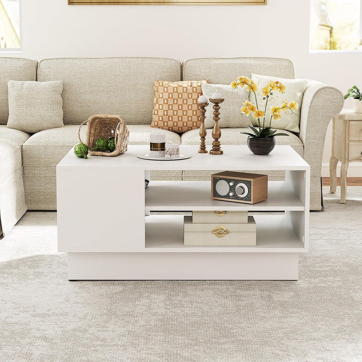 Giantex Coffee Table with Storage, Rectangle Accent Sofa Table with Shelf & Elevated Base, 2-Tier Modern Cocktail Table, Geometric Center Table for Living Room, Reception Room, Lounge, White Giantex