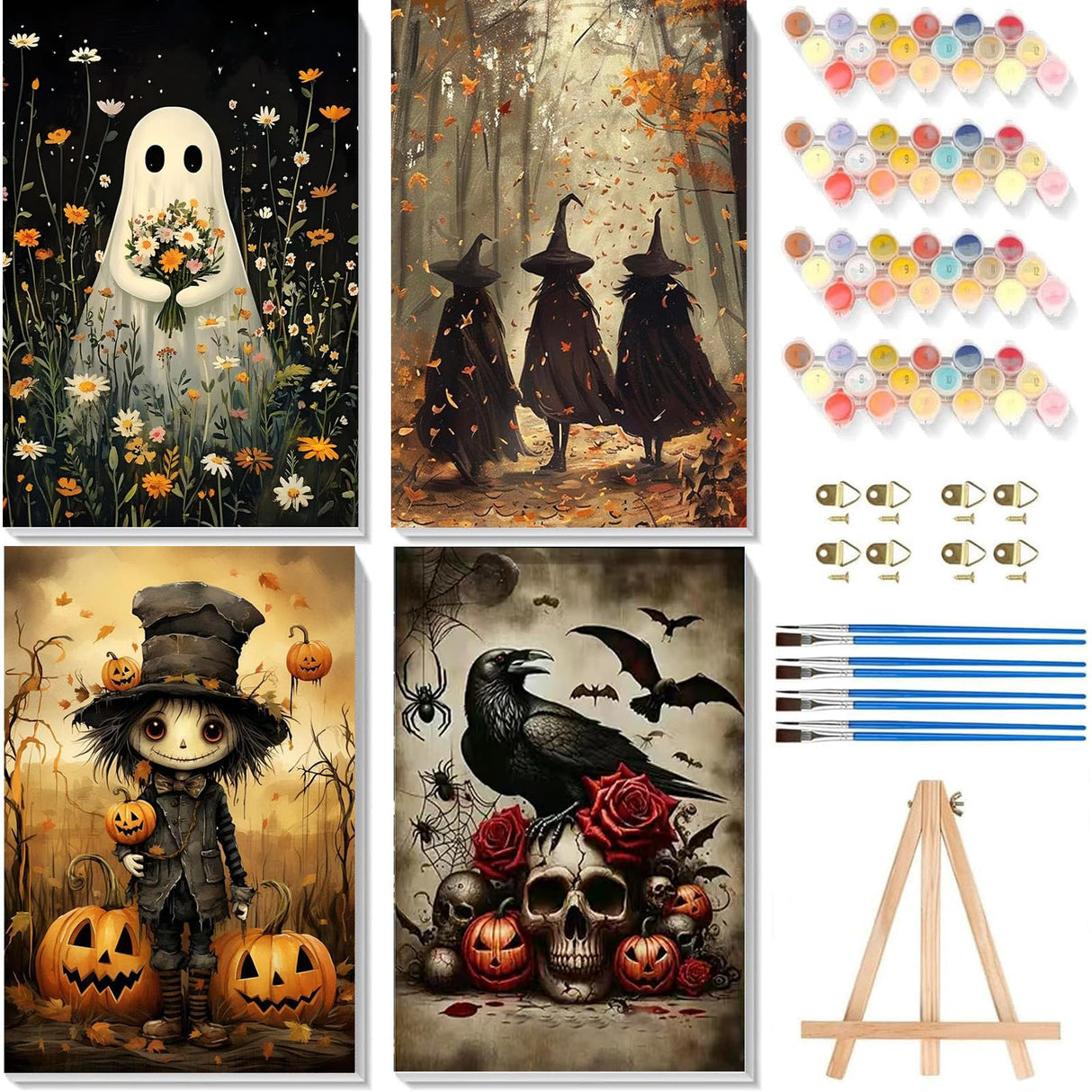 4 Pack Paint by Numbers Kit for Adults - Wooden Easel, Halloween Paint by Numbers with Frame, Halloween Adult Painting by Number Kits on Canvas, Easy Oil Painting Arts Gift Wall Decor 8x12inch cviokrdu