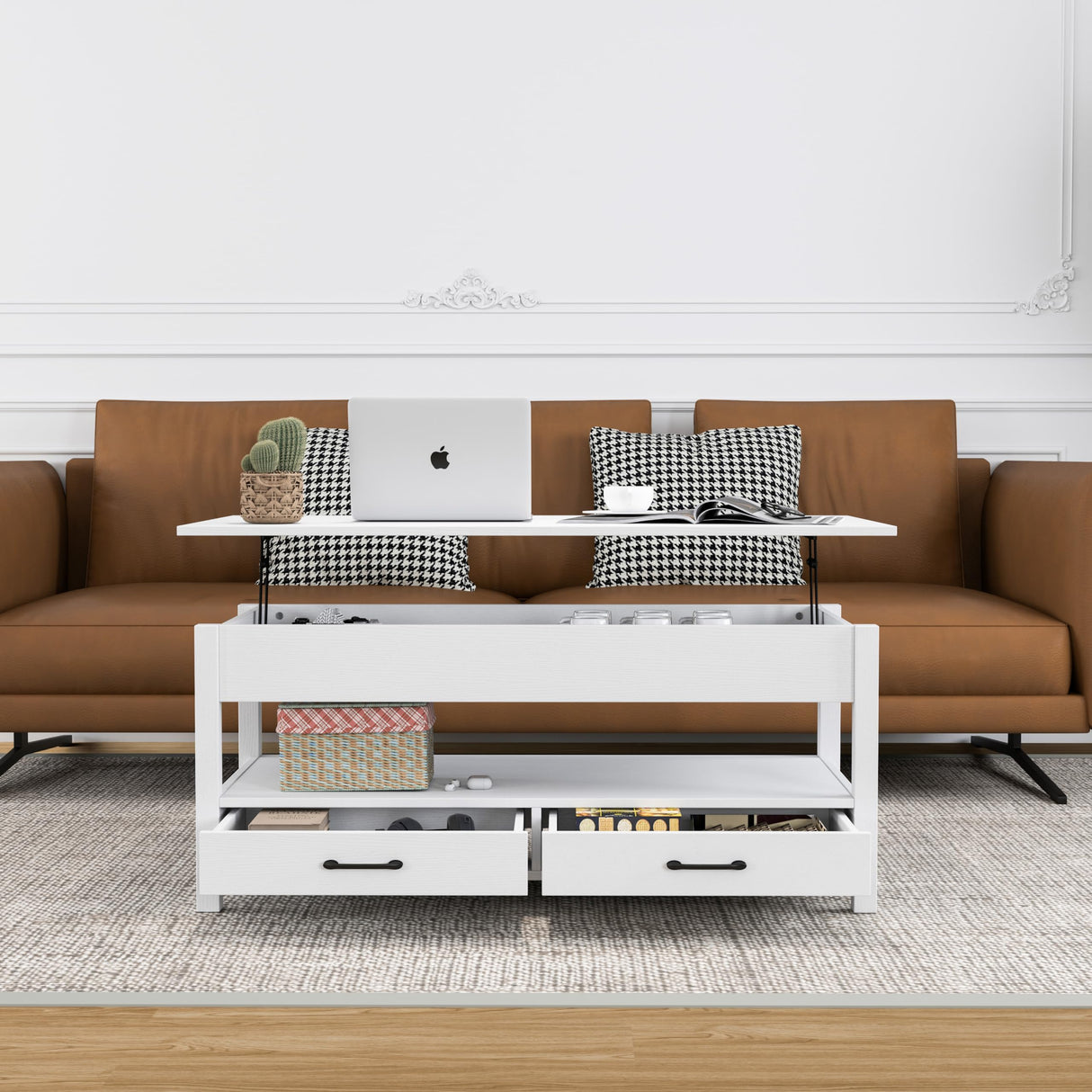 Panana Coffee Table, Lift Top Coffee Table with Hidden Compartment, 2 Drawers and 1 Open Shelf, Retro Central Wooden Table Lift Tabletop for Living Room (White) Panana