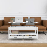 Panana Coffee Table, Lift Top Coffee Table with Hidden Compartment, 2 Drawers and 1 Open Shelf, Retro Central Wooden Table Lift Tabletop for Living Room (White) Panana