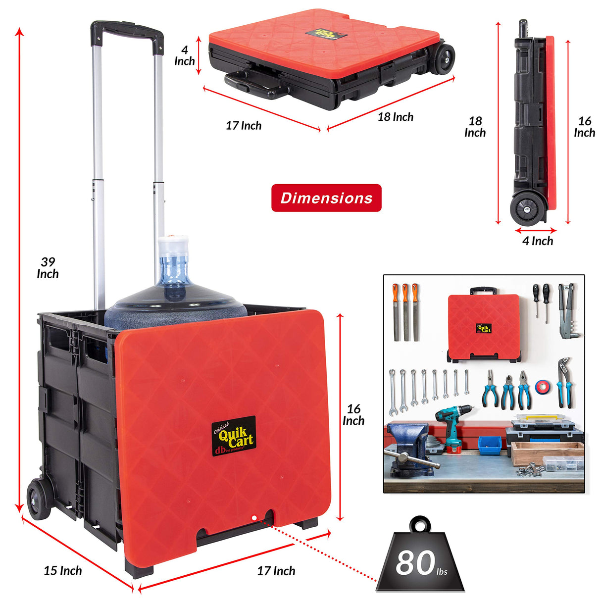 dbest products Quik Cart Collapsible Rolling Crate on Wheels for Teachers Tote Basket 80 lbs Capacity, Made from Heavy Duty Plastic and used as a Seat, Standard, Red dbest products