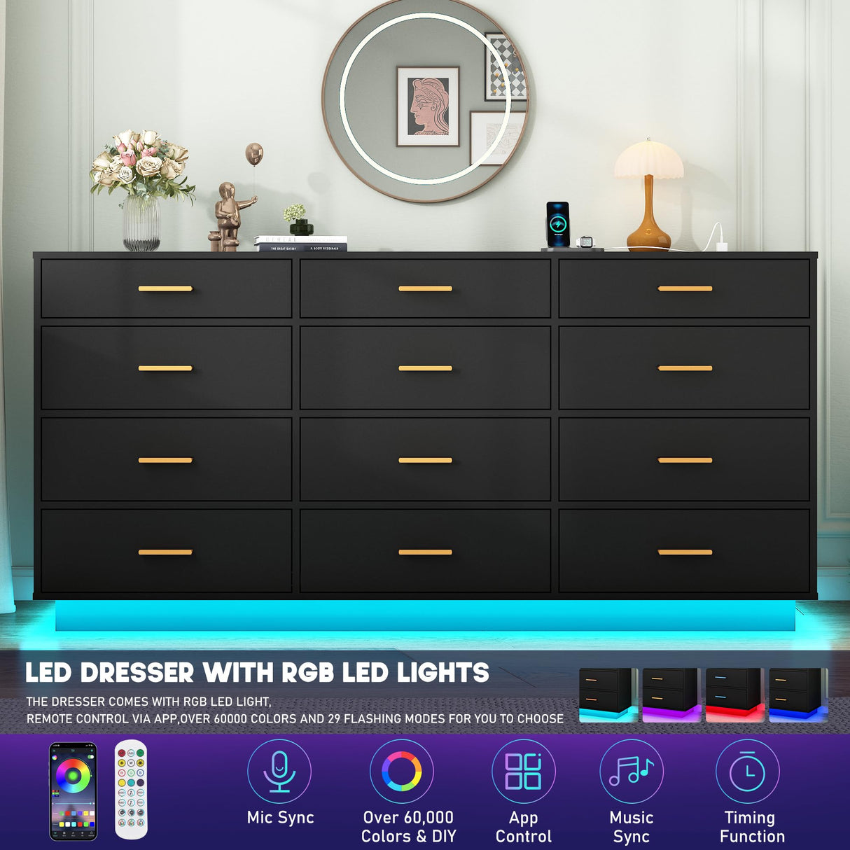chartustriable Black 12 Drawers Dresser w/Power Outlet,60000-Colors Lights,63In Long Dresser Chest for Bedroom,Wooden Tall Large Capacity Clothing Storage Cabinet for Living Room,Entryway,Hallway chartustriable