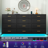 chartustriable Black 12 Drawers Dresser w/Power Outlet,60000-Colors Lights,63In Long Dresser Chest for Bedroom,Wooden Tall Large Capacity Clothing Storage Cabinet for Living Room,Entryway,Hallway chartustriable