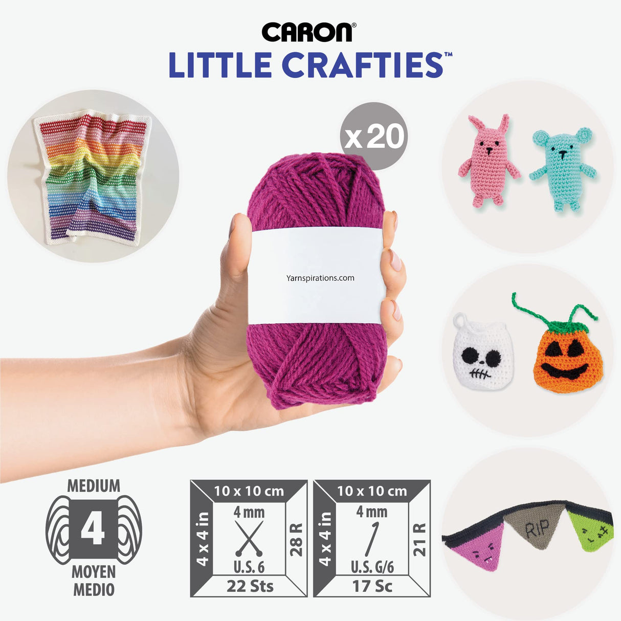 Caron Little Crafties Acrylic Mini Yarn Multipack 20 Count (Pack of 1) – Knitting, Crocheting & Art Projects – Machine Washable & Dryable – Durable Light Weight Yarn Kit Caron