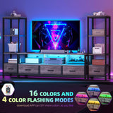 DWVO Entertainment Center with Bookshelves, LED TV Stand for 65/60 inch TV, Farmhouse TV Stand for Living Room with 2 Industrial 4-Tier Bookshelves & Power Outlets, Grey DWVO