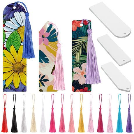 30 Pack Heat Transfer Sublimation Blank Bookmark with Hole and Colorful Tassels Metal Aluminum DIY Bookmark Single Sided Printing Sublimation Bookmarks for DIY Craft Projects Birthday Present Tags Fumete
