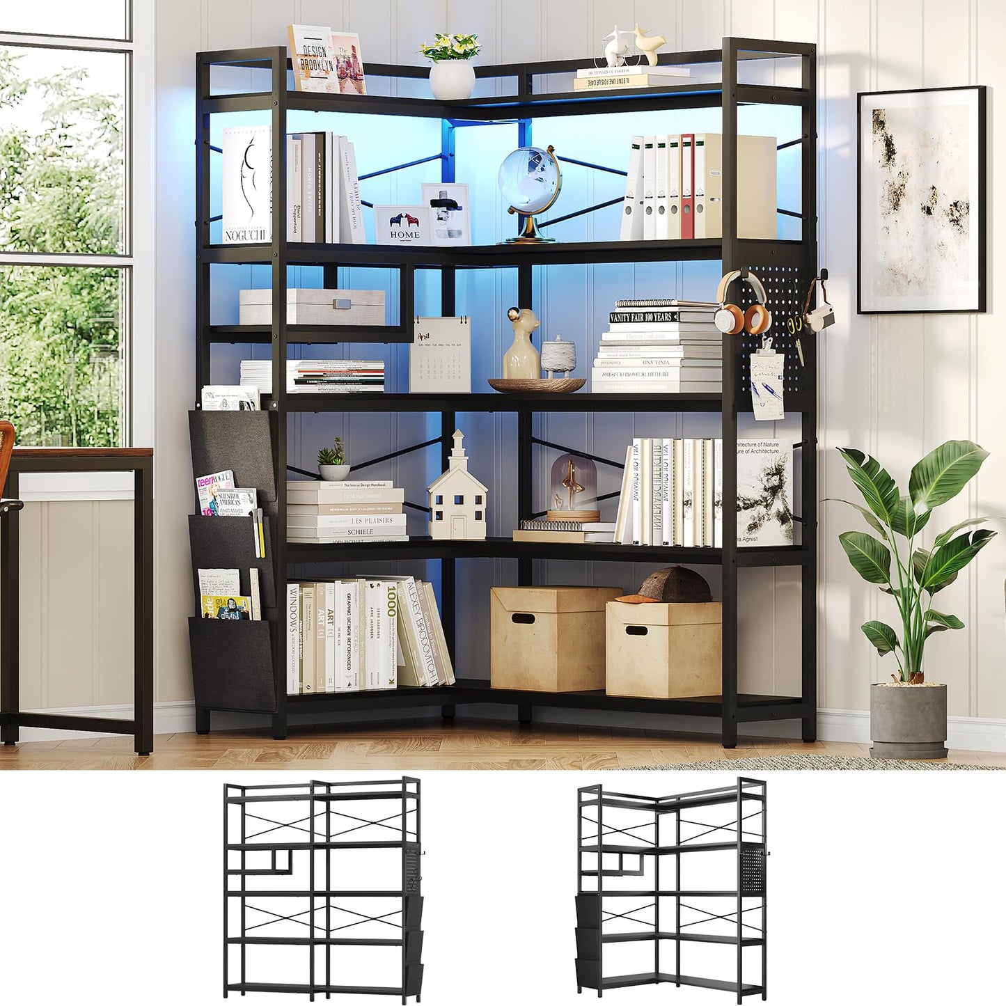 Itaar 5-Tier Convertible Corner Bookshelf with LED Light, Pegboard & Storage – Black - WoodArtSupply