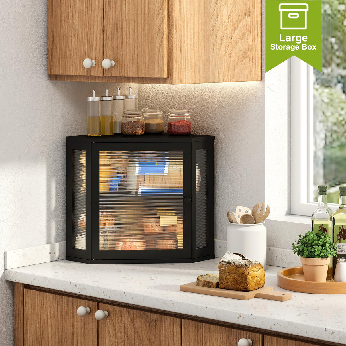 BMOSU Corner Bread Box for Kitchen Countertop Double Layer Bamboo Wooden Bread box Large Capacity Bread Storage Bin(Black, Medium) BMOSU