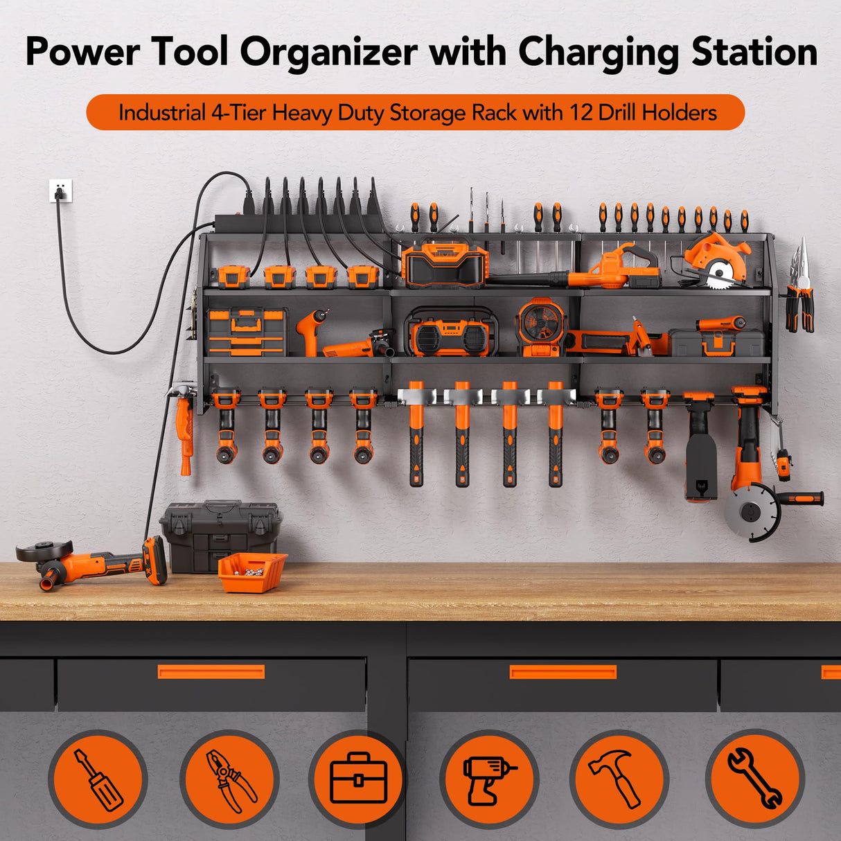 YFFSRJDJ Extra Large Power Tool Organizer Wall Mount with Charging Station, 12 Drill Holders Heavy Duty with 8-Outlet Power Strip, Garage Cordless Drill Storage and Organization, Battery Utility Rack YFFSRJDJ
