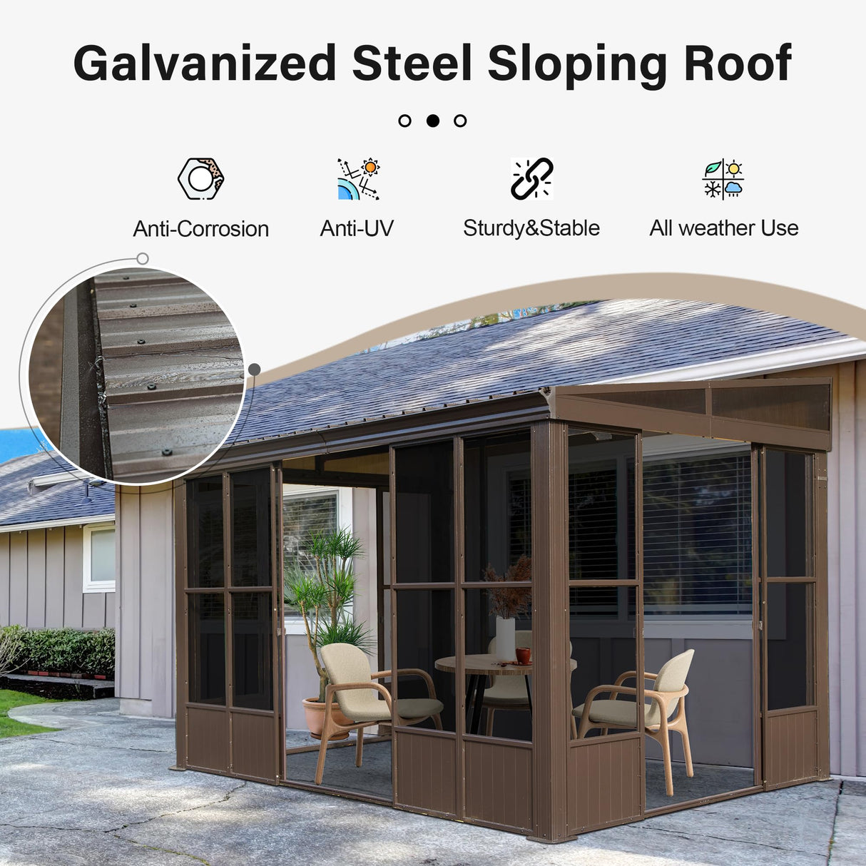 Domi 8x12FT Sun Room, Wall Mounted Gazebo Solarium with Galvanized Steel Sloping Roof, Moveable PC Screen, Front Door & 2 Side Entrance, Outdoor Aluminum Lean-to Sunroom for Patio Deck domi outdoor living