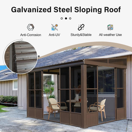 Domi 8x12FT Sun Room, Wall Mounted Gazebo Solarium with Galvanized Steel Sloping Roof, Moveable PC Screen, Front Door & 2 Side Entrance, Outdoor Aluminum Lean-to Sunroom for Patio Deck domi outdoor living