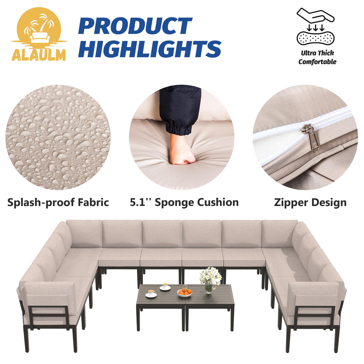 ALAULM 8 Pieces Metal Patio Furniture Set with Propane Fire Pit Table Metal Outdoor Furniture w/55000 BTU Fire Pit Patio Sectional Sofas w/5.1'' Sponge Cushions for Patio, Backyard, Poolside- Sand ALAULM