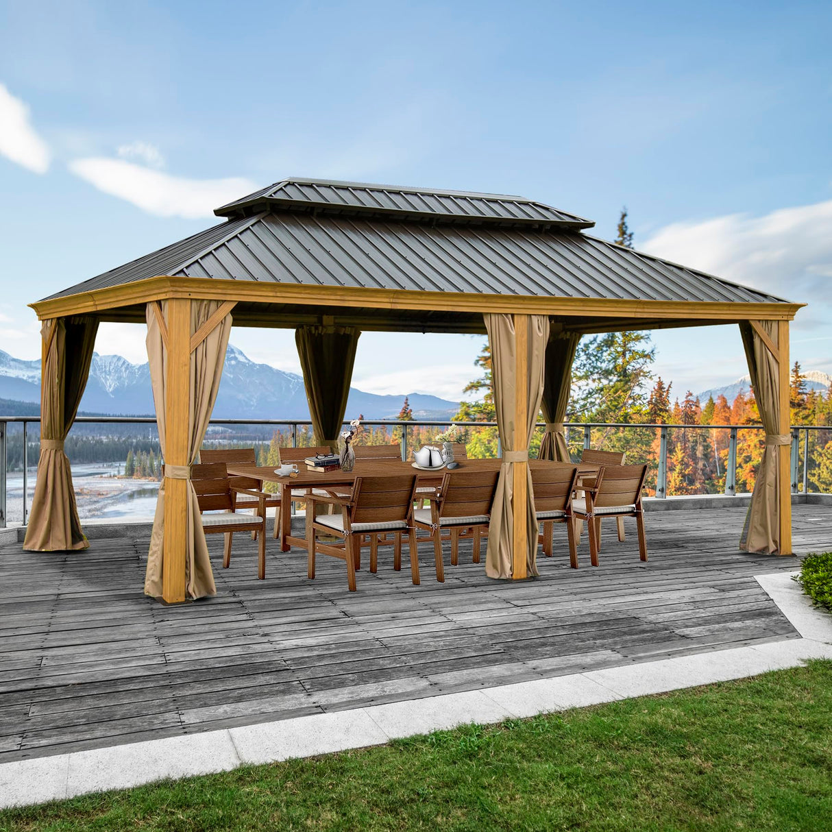 Domi Outdoor Living 14’x20’ Hardtop Gazebo, Wooden Coated Aluminum Frame Canopy with Galvanized Steel Double Roof, Outdoor Permanent Metal Pavilion with Curtains and Netting for Patio, Deck and Lawn domi outdoor living
