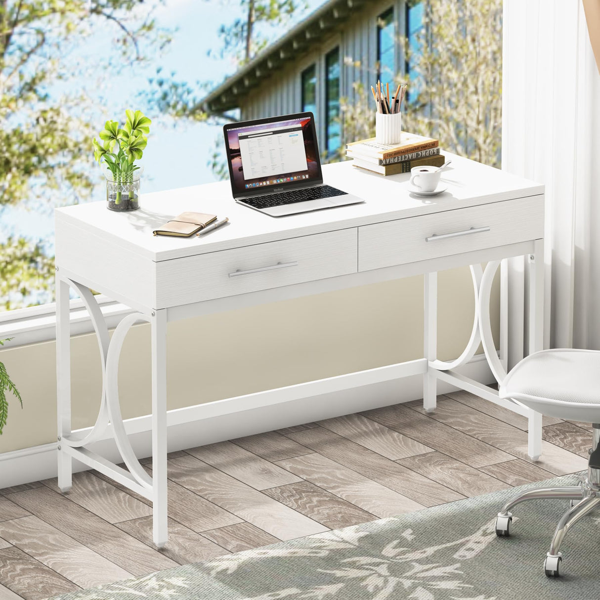 Tribesigns Modern Computer Desk with 2 Drawers, 41 Inches Study Writing Office Desk for Home Office, Bedroom, Makeup Vanity Table Desk with Metal Frame, White Tribesigns