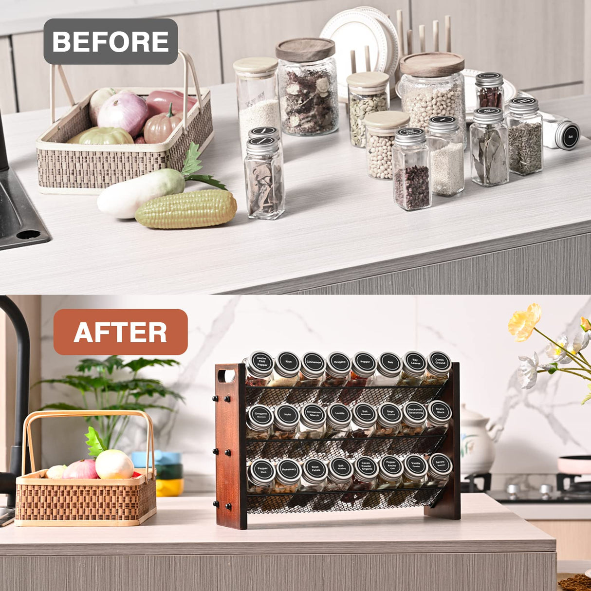 Roykoota Spice Rack, Spice Rack Organizer without Seasoning Jars, Wooden Spice Organizer, Rustic 3 Tier Kitchen Spice Rack Shelf for Cabinet, Countertop or Wall Mount Roykoota