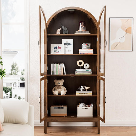 70.9'' Tall Arched Kitchen Pantry, Modern Farmhouse Wood Kitchen Pantry Storage Cabinets with Acrylic Glass Doors and Shelves, Versatile Cupboard for Dining Room, Bathroom, Living Room (Walnut) Limaoaio