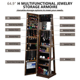 BOSTANA Jewelry Armoire 65" H, Full Length Mirror with Storage 360° Swivel, Storage Shelves, Lockable Standing Jewelry Cabinet Organizer with Large Storage Capacity, Valentine's Day Gift, Brown BOSTANA